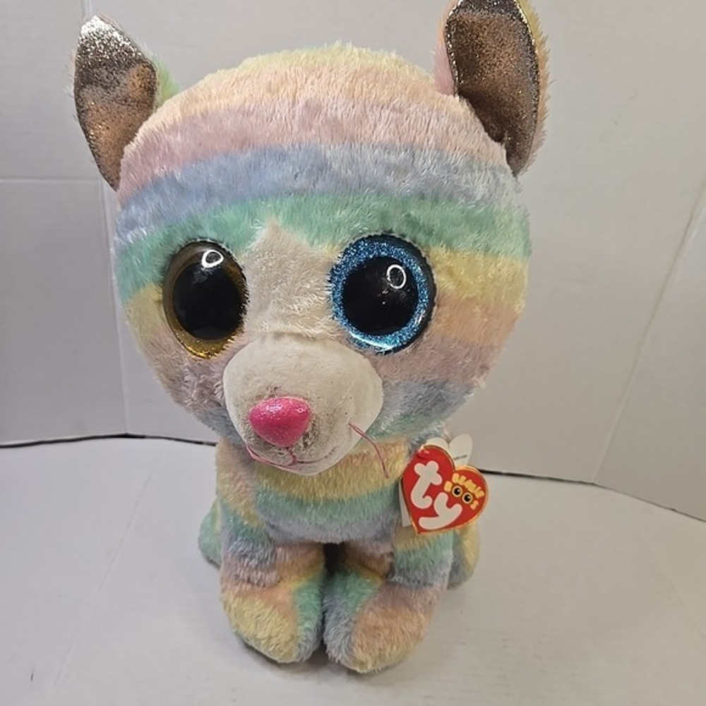 Ty Beanie Boos Heather Large Rainbow Cat Plush 17"2018 Blue Gold Glitter Eyes - Picture 2 of 16